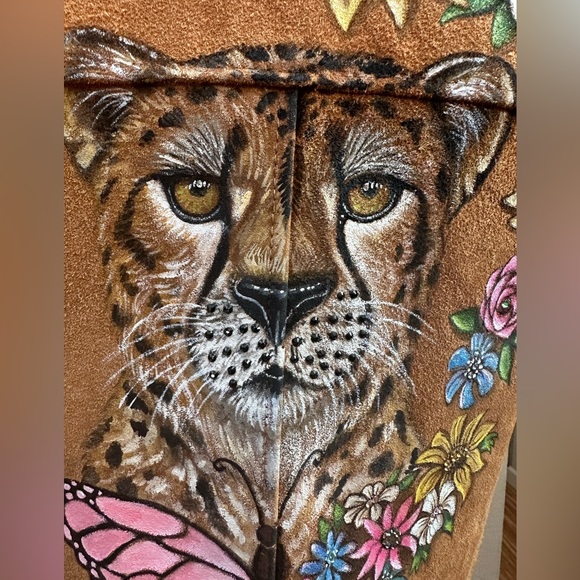 Berman Buckskin vintage long fringe suede vest handpainted cheetah flowers sz SM - Picture 4 of 16